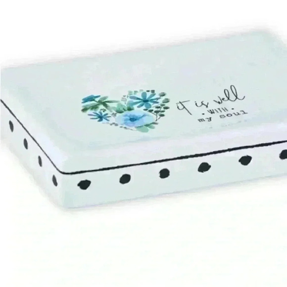 It Is Well With My Soul White Ceramic Soap Dish W/ Blue Flowers & Black Accents - Picture 11 of 13